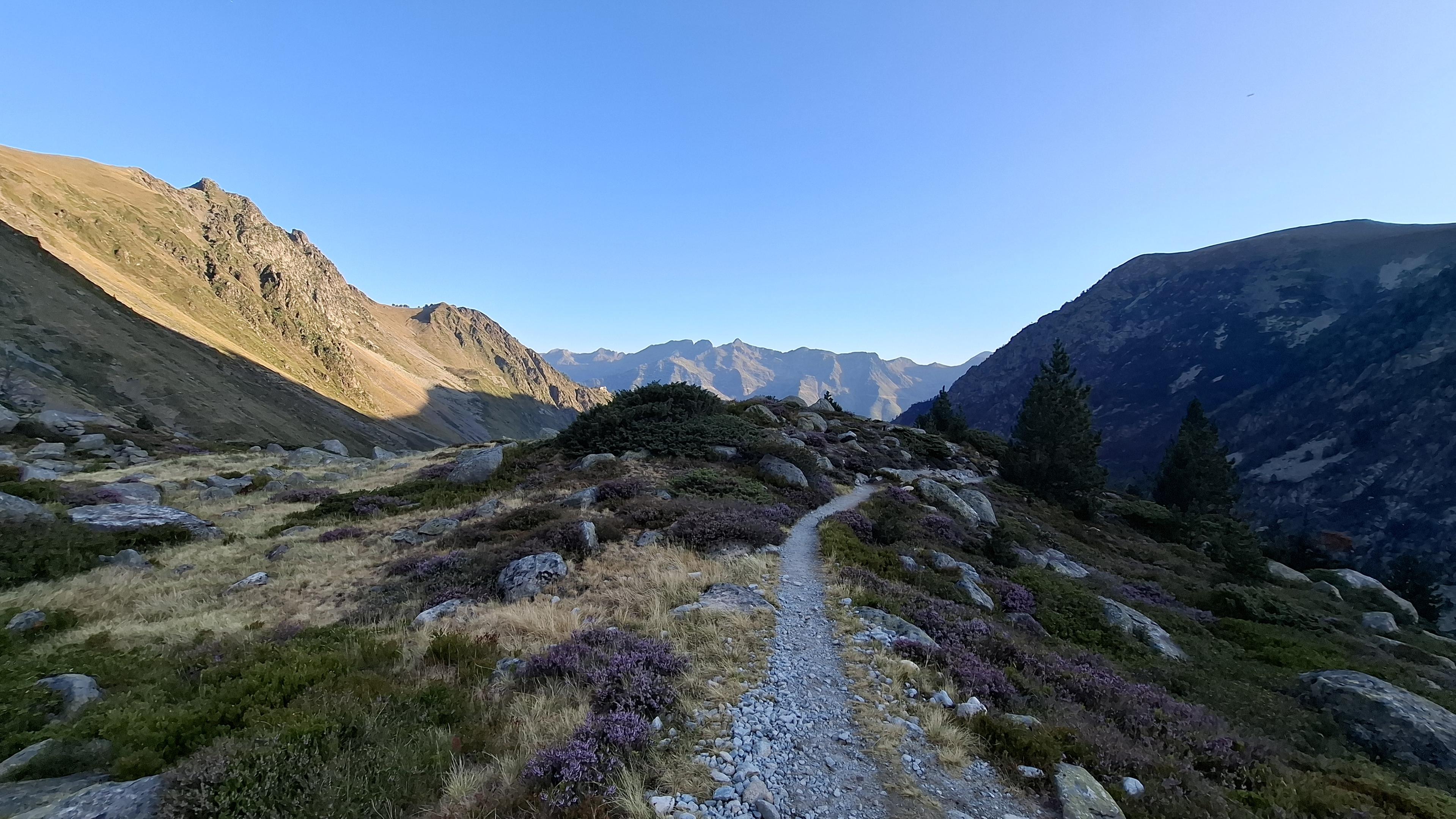 Sentier de montagne et sommets en fond